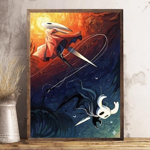 May include: A framed art print featuring a stylized painting of two figures with sharp blades. One figure is in red and white against a fiery background, the other in black and white against a dark blue backdrop. The artwork has a textured, painterly style.