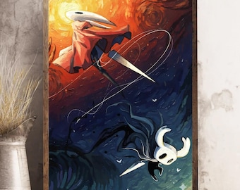 Póster de duelo de Hollow Knight sin marco, arte mural de videojuegos épicos, impresión artística de fan de escena de lucha contra jefes, regalo para la decoración de la habitación de un jugador.