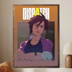 May include: Framed art print featuring a stern-faced character with short, dark red hair, wearing a purple jacket over a dark blue top. The word "DISPATCH" is displayed in white at the top, with "INVISIGAL" at the bottom.