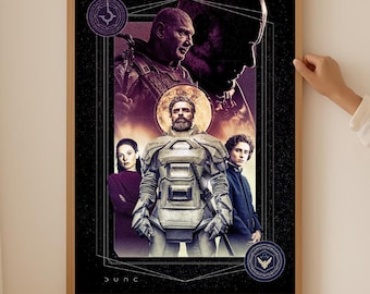 Póster de batalla Atreides vs Harkonnen sin marco, arte mural épico de ciencia ficción bélica, lámina del conflicto de Arrakis