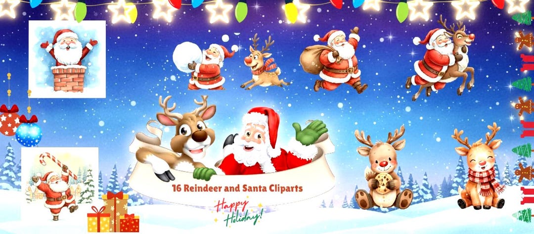 16 Santa Reindeer PNG Clipart Bundle Digital Christmas Sublimation - Etsy