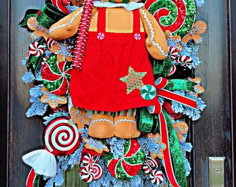 Corona de jengibre, guirnaldas invernales, decoración navideña roja y blanca para niña, corona con temática de dulces