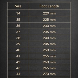 May include: A shoe size chart with the title "Size Chart". The chart lists shoe sizes from 34 to 46, with corresponding foot lengths in millimeters. The chart is on a dark background.