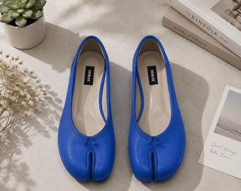 SOMAE - Blauwe Tabi ballerina's, handgemaakte Japanse schoenen met gesplitste teen, zachte leren loafers, minimalistische comfortabele platte schoenen