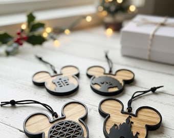 Theme Park Icons Ornament Set | Mouse Head Wood Silhouette Christmas Decor