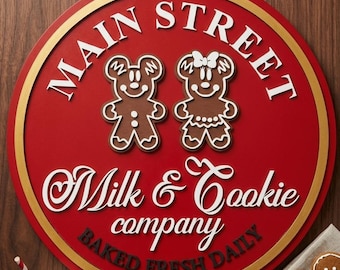3D Wood Gingerbread Bakery Sign, Main Street Milk & Cookie Co, Disney Inspired Christmas Decor Holiday Kitchen Wall Art, Painted Wood Sign