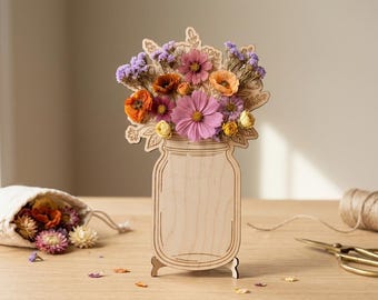 Laser Engraved Wooden Mason Jar Flower Bouquet Holder | Dried Flower Stand, Gift