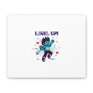 May include: A canvas print featuring a pixelated character in a dynamic pose, with the text "LEVEL UP!" in a vibrant, retro font. The character is blue with black pants and is surrounded by hearts, stars, and other game-themed graphics.