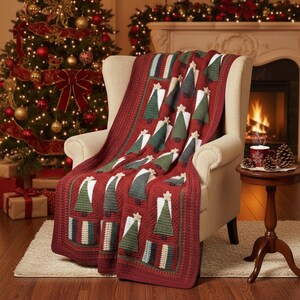 Op de afbeelding: Een rode gehaakte kerstdeken over een crèmekleurige fauteuil. De deken heeft een herhalend patroon van groene en witte kerstbomen met steraccenten. De achtergrond omvat een versierde kerstboom en een open haard.