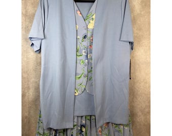 Conjunto de falda Alfred Dunner vintage nuevo con etiquetas para mujer, talla 16, azul floral, 2 piezas, chaqueta, chaleco, plisado.