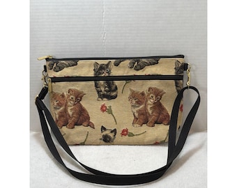 NWT VTG Danny K Crossbody Bag Small Beige Black Kitten Tapestry Made in USA