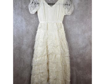 Abito vintage anni '70/'80 in pizzo a balze per bambina, taglia 7, avorio, formale, da damigella d'onore, senza marchio