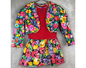VTG 80s Kids & More bloemenjurk en bolerojack meisjes 6x rood veelkleurig