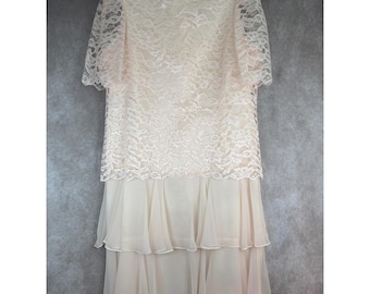 VTG 80s After Dark Vintage Pink Lace Pearl Trim Tiered Ruffle Formal Dress 15/16