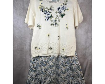 Ensemble jupe pull Shenanigans VTG des années 90 pour femmes XL broderie florale bleu crème XL