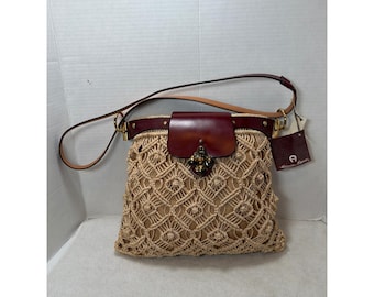 RARE NWT VTG 70/80 Etienne Aigner Woven Jute Macrame Leather Trim Oxblood Purse