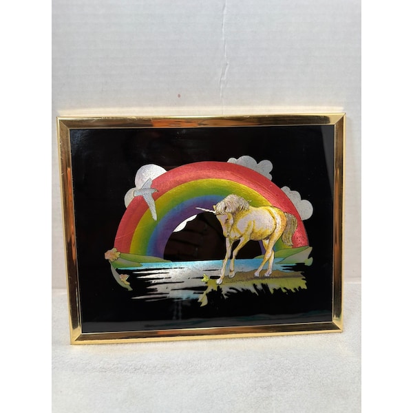 Vintage 80s Kafka Industries Framed Foil Art  Unicorn Rainbow Black Gold 10x8