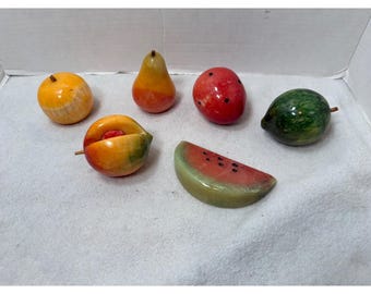 Vintage  Decorative Stone Fruit Multicolor Italian Alabaster Marble 6pc Set