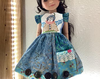 ARTSY Vintage linens and lace, dress, pants, pocket, 14” doll clothes, Ruby Red fashion friends, ooak