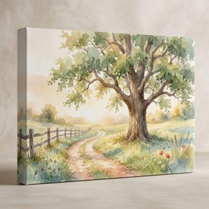 May include: Watercolor painting of a serene landscape featuring a large tree with green foliage, a winding dirt path, and a wooden fence. The artwork has a soft, warm color palette with a focus on natural elements and a peaceful atmosphere.