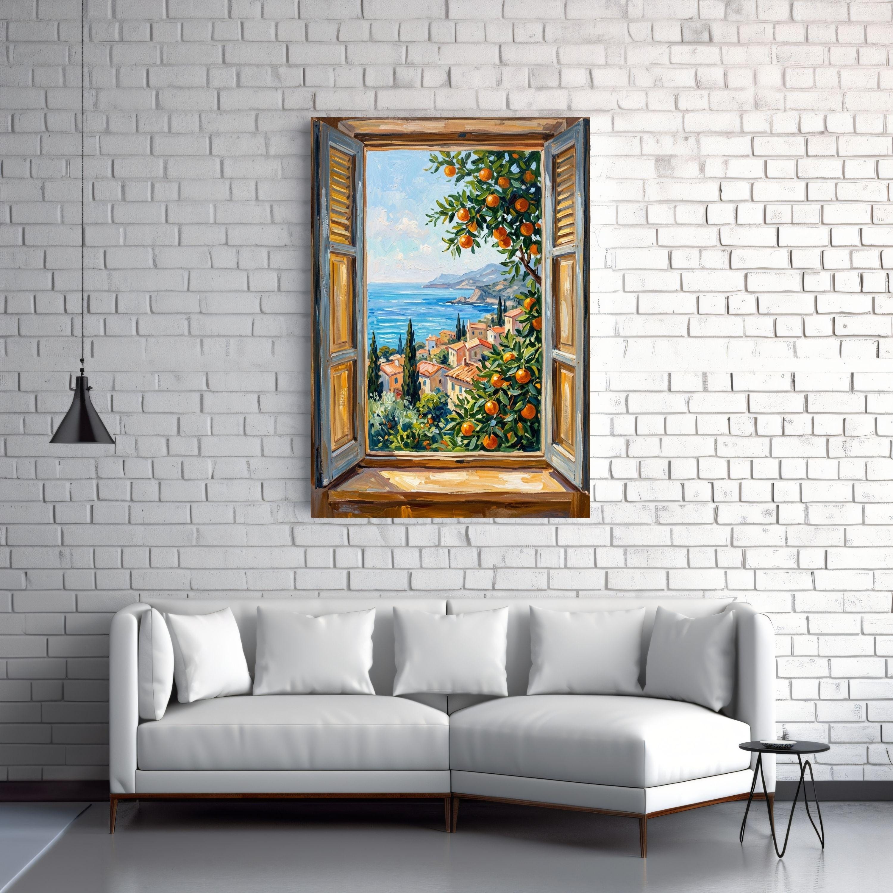Mediterranean Window Poster Print, Coastal Village Orange Tree Wall Art ...