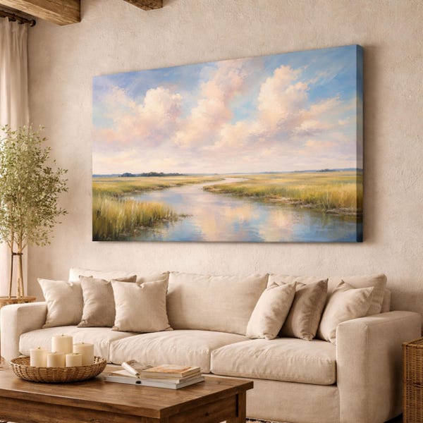 Coastal Marsh canvas muurkunst, impressionistische landschapsschilderkunst, lowcountry sky