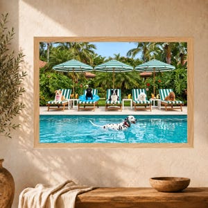 May include: A framed wall art print depicting five dogs relaxing by a swimming pool. Four dogs sit on green and white striped lounge chairs under matching umbrellas, while a Dalmatian swims in the blue water. Tropical plants surround the pool area.