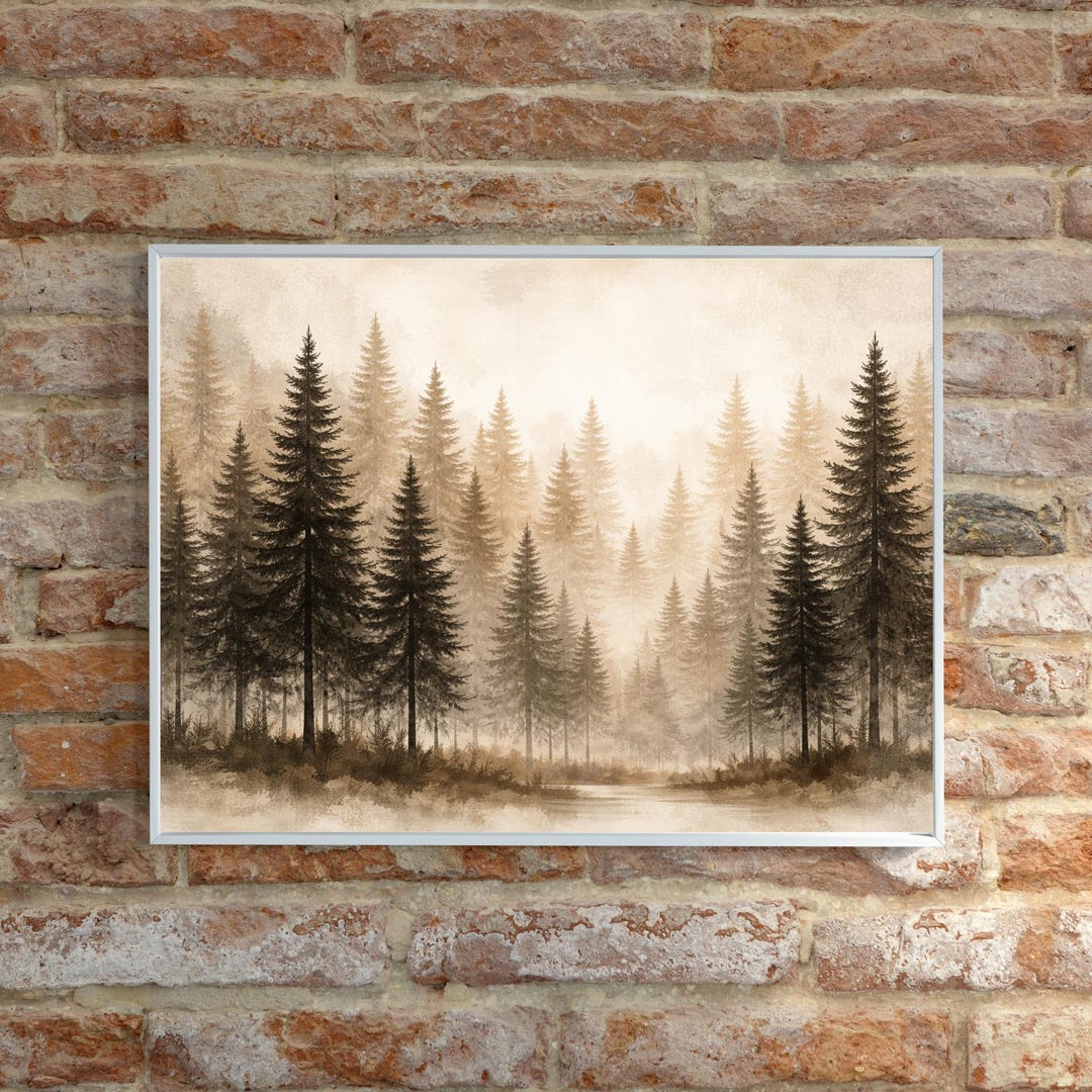 Misty Pine Forest Rolled Poster | Sepia Woodland Landscape Wall Art - Etsy