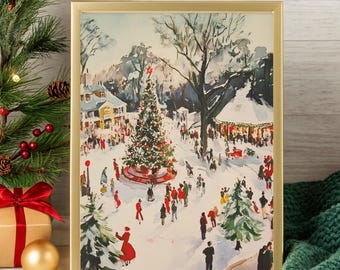 Puede incluir: Una impresión enmarcada en un marco dorado representa una escena invernal con un árbol de Navidad decorado. La gente se reúne alrededor del árbol y en el paisaje nevado. La obra de arte tiene un ambiente vintage y festivo.