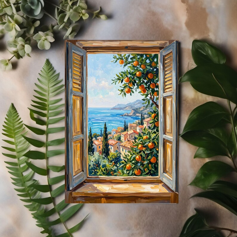 Mediterranean Window Poster Print, Coastal Village Orange Tree Wall Art ...