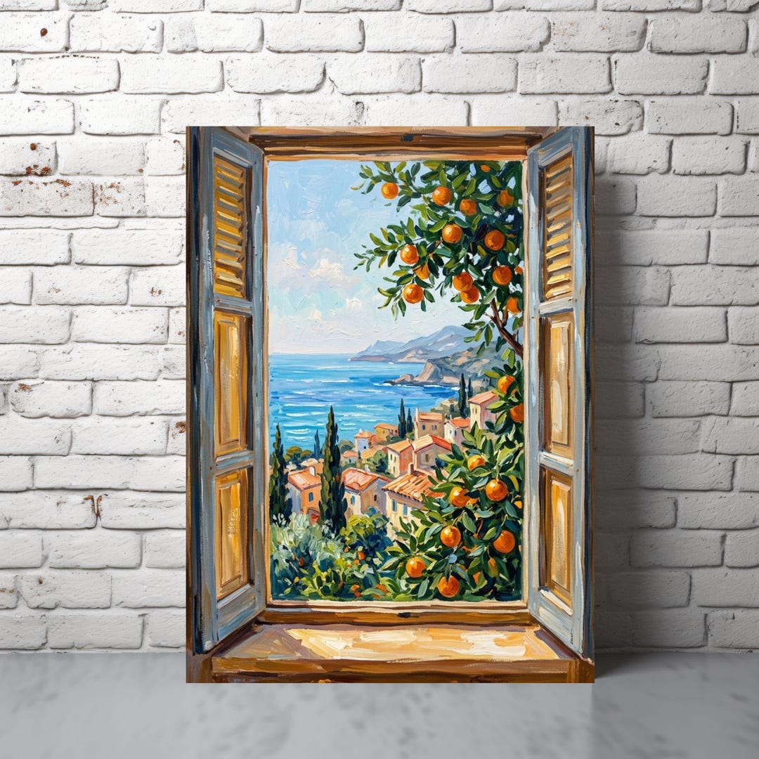 Mediterranean Window Poster Print, Coastal Village Orange Tree Wall Art ...