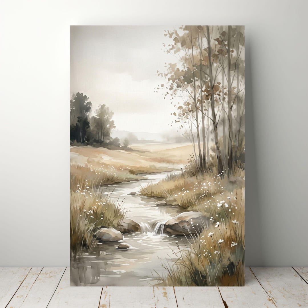 Neutral Landscape Canvas Wall Art, Cottagecore Meadow River Painting - Etsy