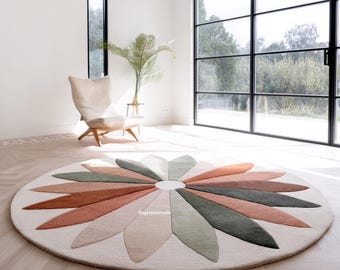 Hand Tufted Round Wool Rug, Flower Petal Design, Boho Nature Carpet