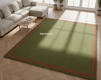 Handmade Olive Green Wool Rug | Modern Minimalist Rug with Rust Border