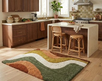 Earthy Abstract Tufted Rug with Organic Flow Pattern, Handmade Wool Rug in Green and Warm Terracotta for Cozy Living Spaces