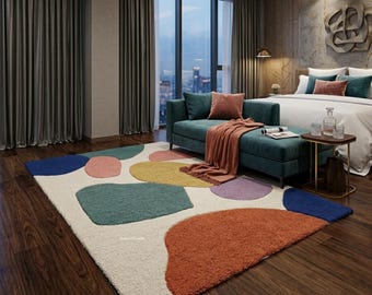 Soft Pastel Abstract Tufted Rug for Bedroom Decor, Handmade Wool Area Rug with Playful Shapes for Modern Nursery or Living Space