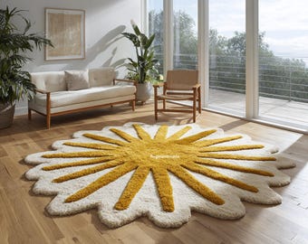 Hand-Tufted Wool Daisy Rug | Sunburst Flower, Scalloped Edge