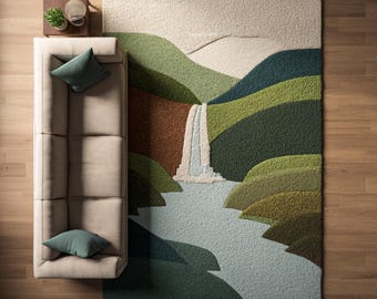 Nature Landscape Tufted Rug, Handmade Wool Area Rug with Mountain River Design, Modern Organic Living Room Carpet