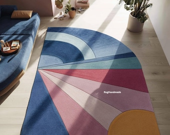 Hand Tufted Wool Rug: Modern Abstract Rainbow Geometric Arch Design