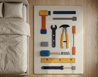 Hand Tool Pattern Tufted Rug for Kids Room or Workshop Decor, Handmade Wool Area Rug with Hammer and Tools Design