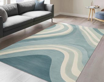 Blau & Creme Wellenteppich | Moderner Abstrakter Wollteppich | Handgemachtes Zeitgenössisches Wohnzimmer Dekor