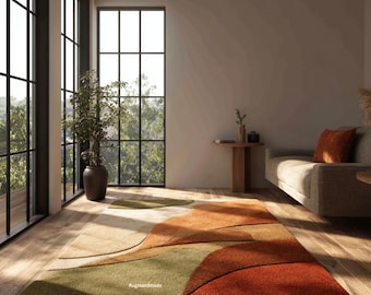 Hand-Tufted New Zealand Wool Rug: Rust Olive Abstract, Modern Boho