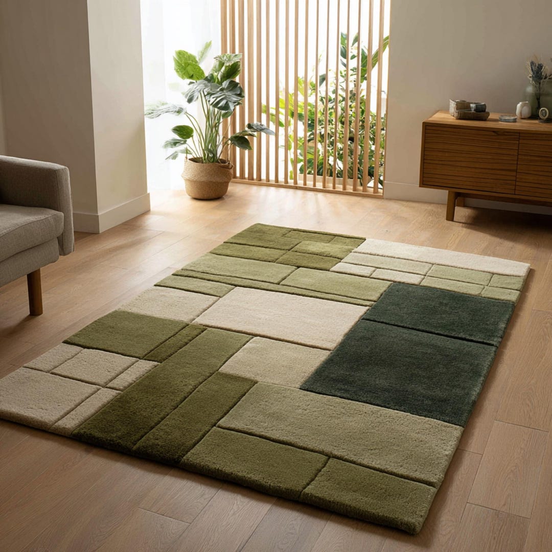 Green & Beige Block Rug | Modern Geometric Wool Carpet | Handmade ...