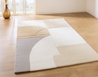 Hand Tufted Wool Rug | Beige Geometric Minimalist Carpet
