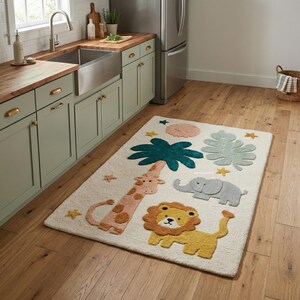 Jungle Animal Tufted Rug for Kids Room, Handmade Wool Area Rug with Lion Giraffe Elephant Design for Nursery Decor