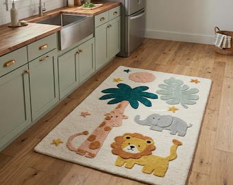Jungle Animal Tufted Rug for Kids Room, Handmade Wool Area Rug with Lion Giraffe Elephant Design for Nursery Decor