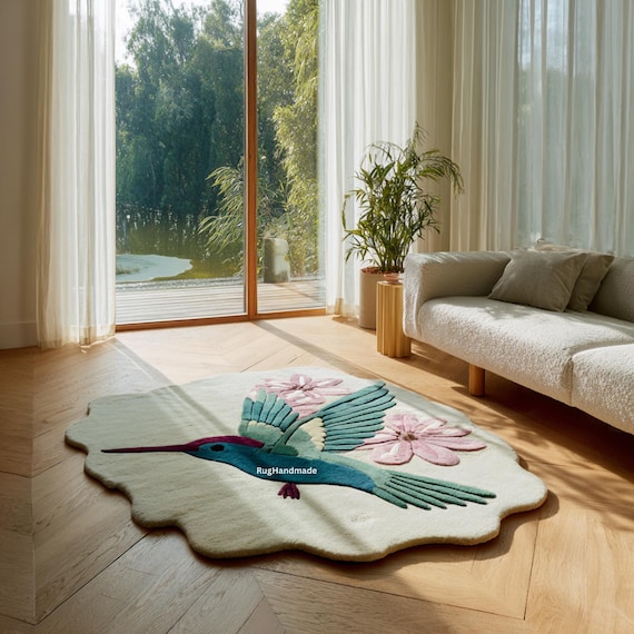 Hummingbird Rug, Bird Area Rug, Floral Nature Rug, Unique Shape Carpet