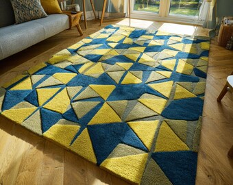 Hand Tufted Wool Rug: Modern Geometric Triangle Blue Yellow Living Room Carpet