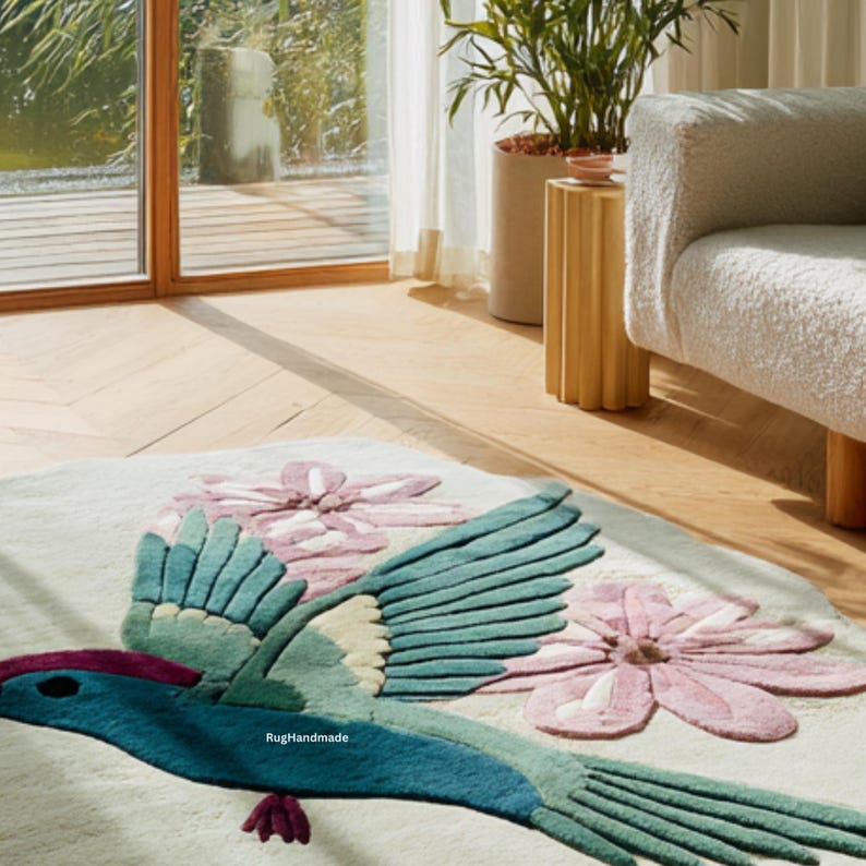 K&ouml;nnte beinhalten: Dekorativer Teppich mit einem Vogeldesign in T&uuml;rkis, Blau und Lila. Der Vogel ist von rosa und lila floralen Akzenten umgeben. Der Teppich liegt auf einer hellen Oberfl&auml;che. Der Text "RugHandmade" ist sichtbar.