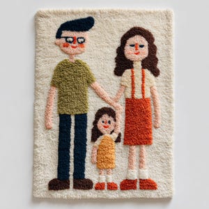 Könnte beinhalten: Handgefertigte, strukturierte Wanddekoration mit einer dreiköpfigen Familie. Die Figuren sind in einem skurrilen, cartoonartigen Stil dargestellt, der Vater in einem grünen Hemd und blauen Hosen, die Mutter in einem roten Kleid und das Kind in einem orangefarbenen Kleid.